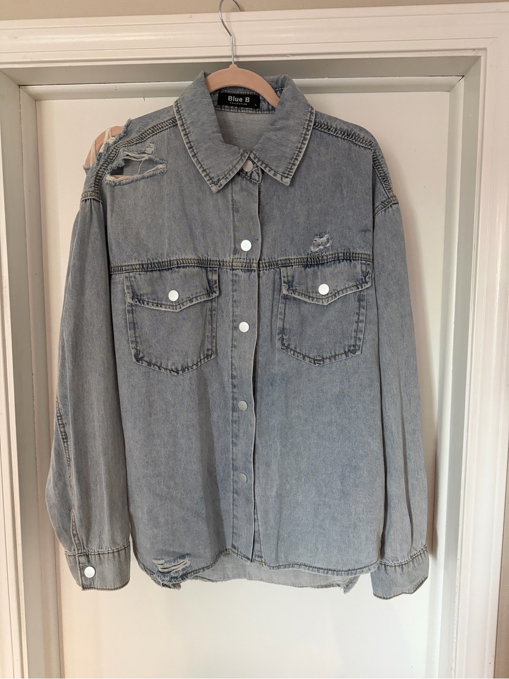 Blue B Light Gray Distressed Denim Jacket - Oversized Jean Jacket